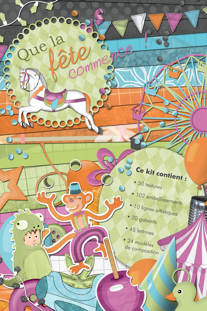 Ce kit contiens 50 textures, 102 embellissements, 10 lignes artistiques (pour Studio Scrap 2), 20 gabarits, 45 lettrines, 24 modèles de composition