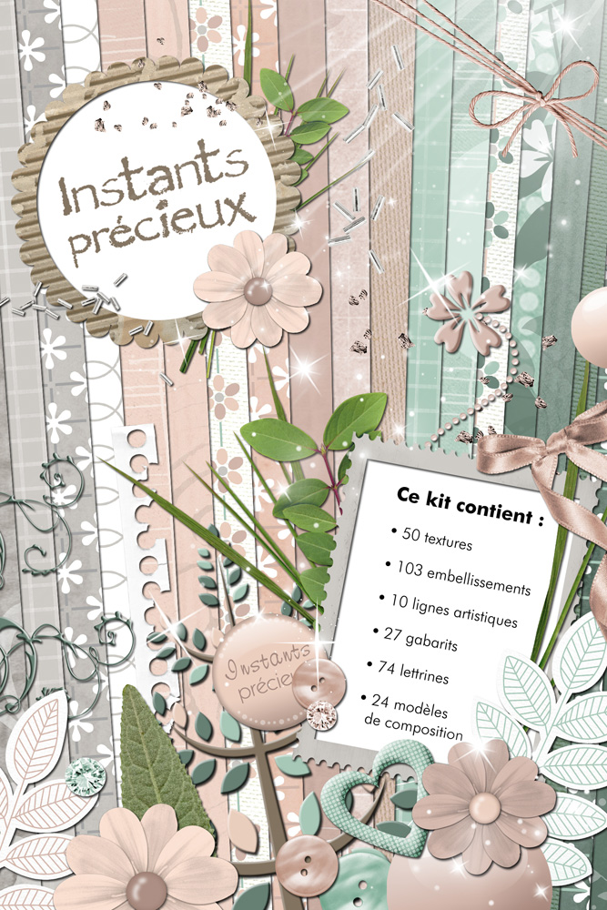 Ce kit contiens 50 textures, 102 embellissements, 10 lignes artistiques (pour Studio Scrap 2), 23 gabarits, 36 lettrines, 27 modèles de composition
