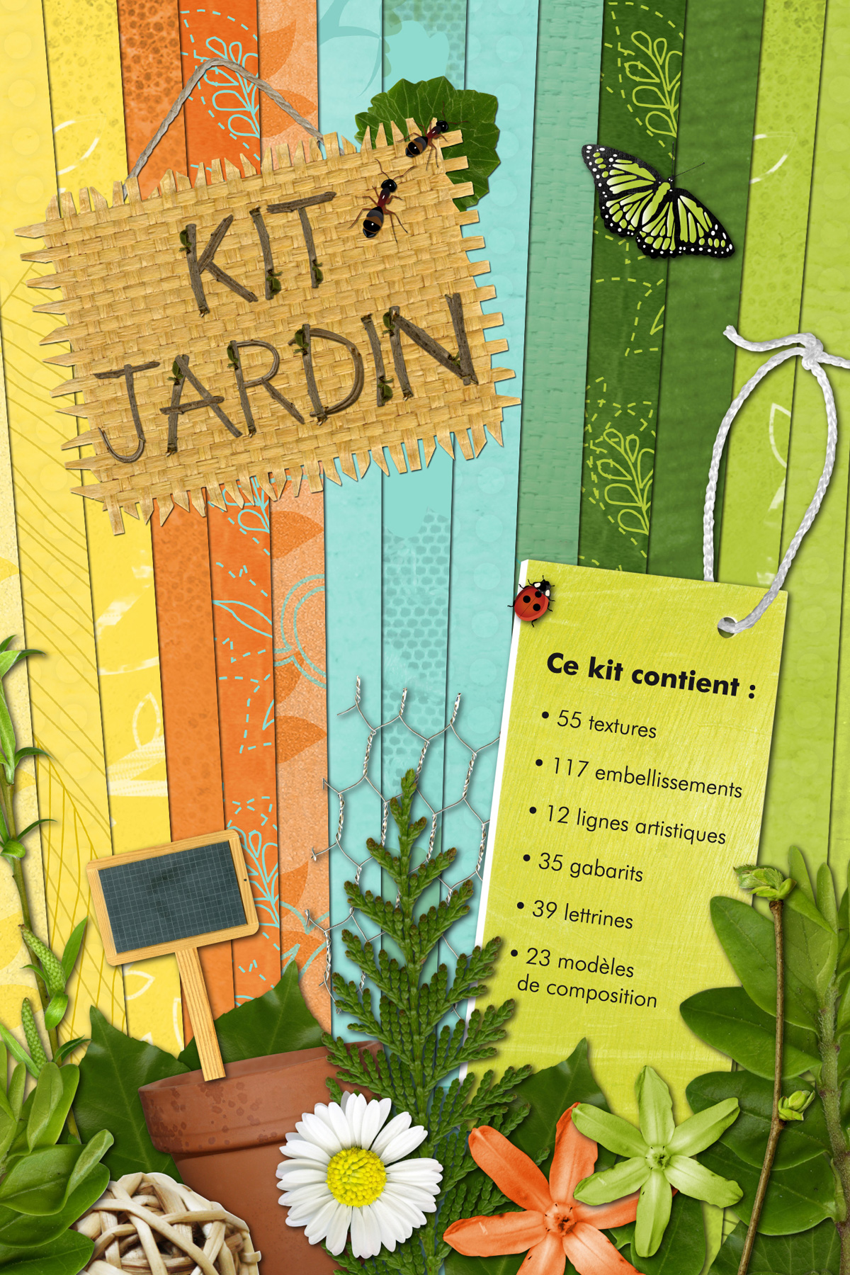 Ce kit contiens 55 textures, 117 embellissements, 12 lignes artistiques (pour Studio Scrap 2), 35 gabarits, 39 lettrines, 23 modèles de composition