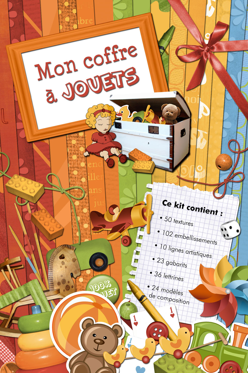 Ce kit contiens 50 textures, 102 embellissements, 10 lignes artistiques (pour Studio Scrap 2), 23 gabarits, 36 lettrines, 27 modèles de composition