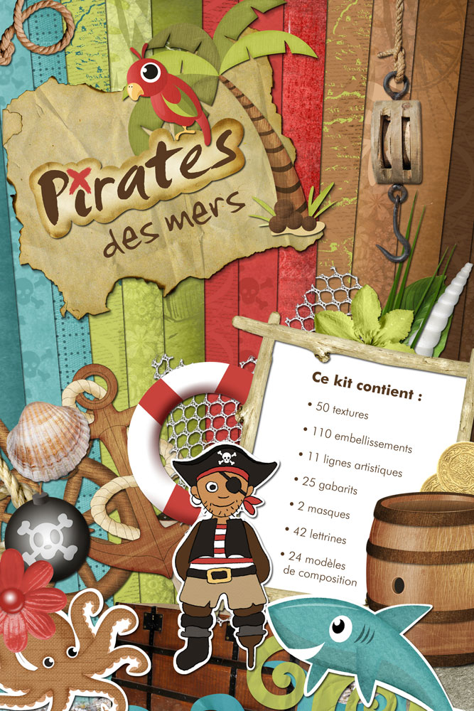Ce kit contiens 50 textures, 110 embellissements, 11lignes artistiques, 25 gabarits, 2 masques, 42 lettrines, 24 modèles de composition