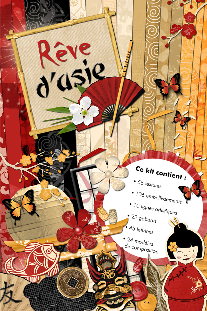 Ce kit contiens 55 textures, 106 embellissements, 10 lignes artistiques (pour Studio Scrap 2), 22 gabarits, 45 lettrines, 24 modèles de composition