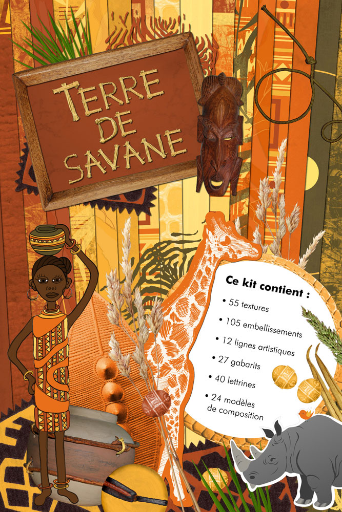 Ce kit contiens 55 textures, 105 embellissements, 12 lignes artistiques (pour Studio Scrap 2), 27 gabarits, 40 lettrines, 24 modèles de composition