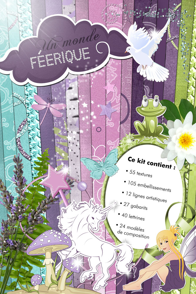 Ce kit contiens 55 textures, 105 embellissements, 12 lignes artistiques (pour Studio Scrap 2), 27 gabarits, 40 lettrines, 24 modèles de composition