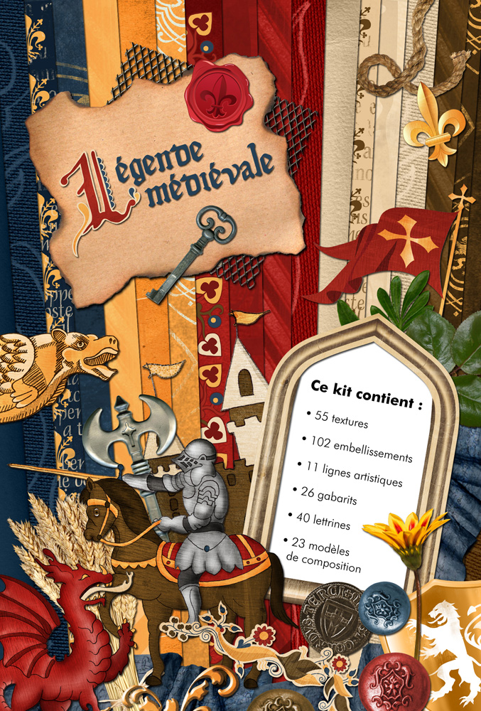 Ce kit contiens 55 textures, 105 embellissements, 11 lignes artistiques (pour Studio Scrap 2), 26 gabarits, 40 lettrines, 23 modèles de composition