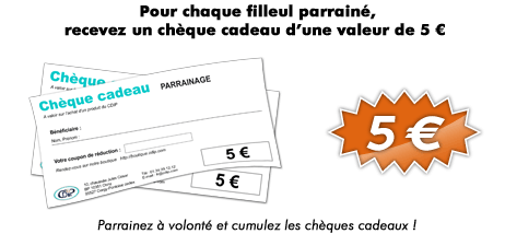 Pour chaque filleul parrainé, recevez un bon de réduction d’une valeure de 5 €. Parrainez à volonté et cumulez les bons de réduction ! 